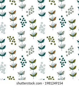 Seamless pattern. Stylized meadow plants, twigs with colored leaves, and doodle elements. Background for fabric and other surfaces. Vector illustration