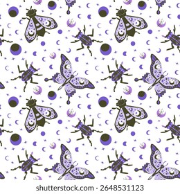 Seamless pattern of stylized moths and lunar symbols in a repetitive design.
