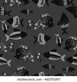 Seamless pattern of  stylized  motif, doodles,  spot,fishes,ellipses, zigzag . Hand drawn.