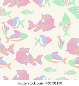 Seamless pattern of  stylized  motif, doodles,  spot,fishes,ellipses, zigzag . Hand drawn.