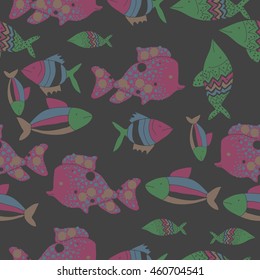 Seamless pattern of  stylized  motif, doodles,  spot,fishes,ellipses, zigzag . Hand drawn.