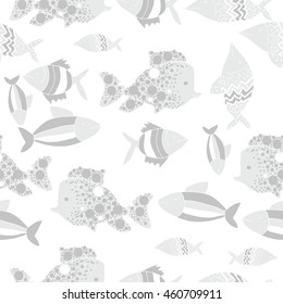 Seamless pattern of  stylized  motif, doodles,  spot,fishes,ellipses, zigzag . Hand drawn.