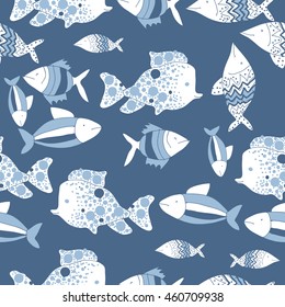 Seamless pattern of  stylized  motif, doodles,  spot,fishes,ellipses, zigzag . Hand drawn.