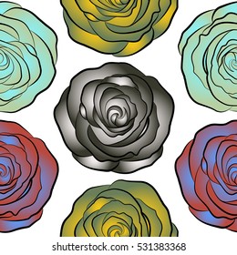 Seamless pattern of stylized neutral, blue and green roses.