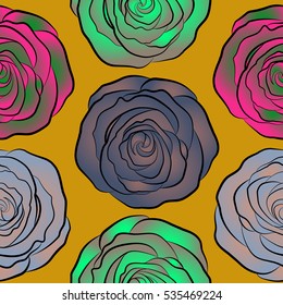 Seamless pattern with stylized neutral, blue and green roses. Vintage floral background. Can be use as digital paper, fills or print off onto fabric.