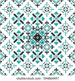 Seamless pattern with stylized Nordic ornaments. Textile print with pixel flowers.