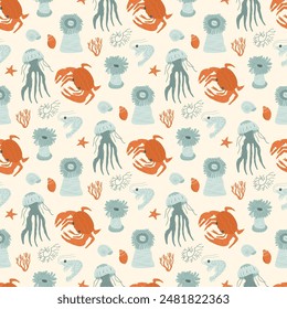 Seamless pattern with stylized ocean creatures and flora, in soft marine tones, evoking the ocean's diversity, perfect for textiles and decor. Vector hand drawn illustration.