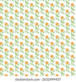 Seamless pattern with stylized orange flowers and green leaves on a white background.  Perfect for textile design, wallpaper, or packaging. The white graphics on a transparent background are a valuabl