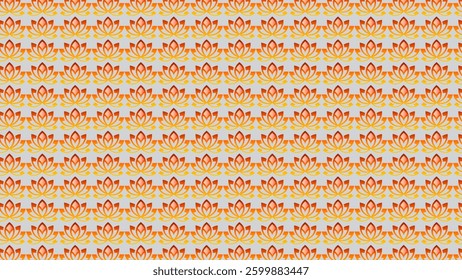 Seamless pattern of stylized orange and gold lotus flowers on a gray background. Perfect for textile design, wallpaper, and more.
