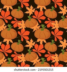 Seamless pattern of stylized orange pumpkins and autumn leaves on a light background. Flat vector style. Halloween. Autumn. Bright pumpkins. Thanksgiving. Suitable for textiles and packaging.