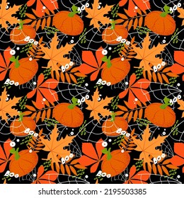 Seamless pattern of stylized orange pumpkins, autumn leaves and abstract cobwebs on a black background. Handwritten lettering boo. Halloween. Autumn. Bright pumpkins. 