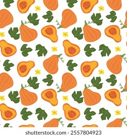 Seamless pattern of stylized orange pumpkins with green leaves and yellow flowers.