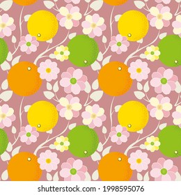 seamless pattern of stylized oranges and flowers with leaves on a colored background