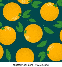 Seamless Pattern with Stylized Oranges Fruit. Fresh Citruses Fruits Background with Green Petals. Seamless Pattern with Vector Oranges for Wallpaper, Tablecloth, Paper, Fabric, Textile, Illustration.