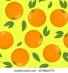 Seamless Pattern with Stylized Oranges Fruit. Fresh Citruses Fruits Background with Green Petals. Seamless Pattern with Vector Oranges for Wallpaper, Tablecloth, Paper, Fabric, Textile, Illustration.