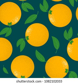 Seamless Pattern with Stylized Oranges Fruit. Fresh Citruses Fruits Background with Green Petals. Seamless Pattern with Vector Oranges for Wallpaper, Tablecloth, Paper, Fabric, Textile, Illustration.