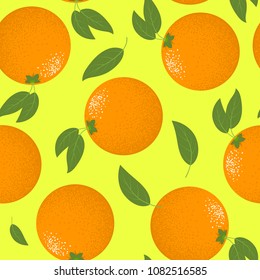 Seamless Pattern with Stylized Oranges Fruit. Fresh Citruses Fruits Background with Green Petals. Seamless Pattern with Vector Oranges for Wallpaper, Tablecloth, Paper, Fabric, Textile, Illustration.