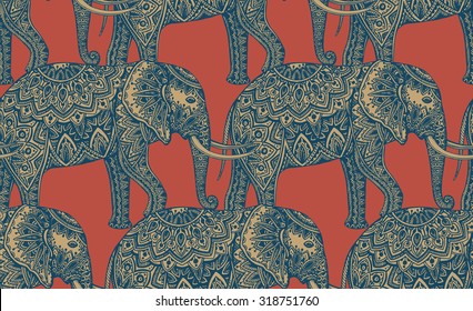 Seamless pattern with stylized ornamental elephants in Indian style. Vector endless background.