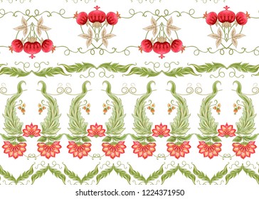 Seamless pattern with stylized ornamental flowers in retro, vintage style. Jacobean embroidery. Colored vector illustration. Isolated on white background.