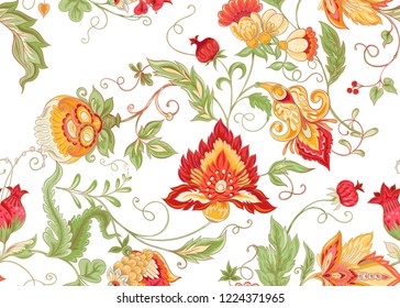 Seamless pattern with stylized ornamental flowers in retro, vintage style. Jacobean embroidery. Colored vector illustration. Isolated on white background.