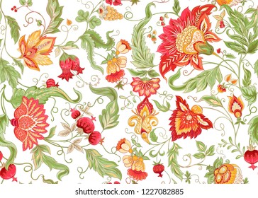 Seamless pattern with stylized ornamental flowers in retro, vintage style. Jacobean embroidery. Colored vector illustration. Isolated on white background.