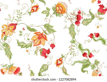 Seamless pattern with stylized ornamental flowers in retro, vintage style. Jacobean embroidery. Colored vector illustration. Isolated on white background.