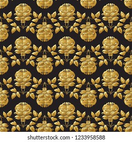 Seamless pattern with stylized ornamental flowers in retro, vintage style. Jacobin embroidery.  In gold and black
Vector illustration in gold colors. 