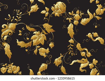 Seamless pattern with stylized ornamental flowers in retro, vintage style. Jacobin embroidery.  In gold and black
Vector illustration in gold colors. 