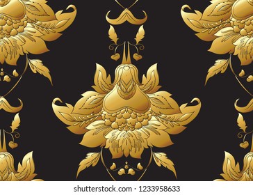 Seamless pattern with stylized ornamental flowers in retro, vintage style. Jacobin embroidery.  In gold and black
Vector illustration in gold colors. 