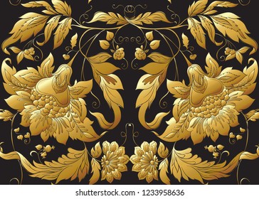 Seamless pattern with stylized ornamental flowers in retro, vintage style. Jacobin embroidery.  In gold and black
Vector illustration in gold colors. 