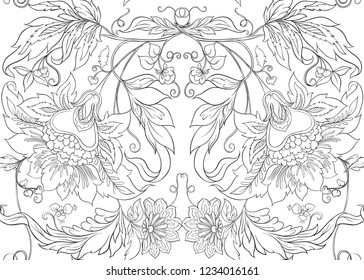 Seamless pattern with stylized ornamental flowers in retro, vintage style. Jacobin embroidery.  Colored and outline design. Vector illustration.
