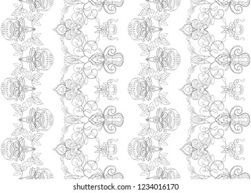 Seamless pattern with stylized ornamental flowers in retro, vintage style. Jacobin embroidery.  Colored and outline design. Vector illustration.