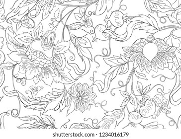 Seamless pattern with stylized ornamental flowers in retro, vintage style. Jacobin embroidery.  Colored and outline design. Vector illustration.