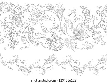 Seamless pattern with stylized ornamental flowers in retro, vintage style. Jacobin embroidery.  Colored and outline design. Vector illustration.