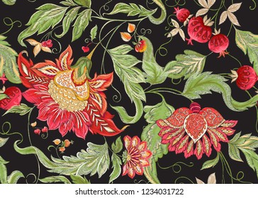 Seamless pattern with stylized ornamental flowers in retro, vintage style. Imitation of Jacobin embroidery. Colored vector illustration In red and green colors Isolated on black background.