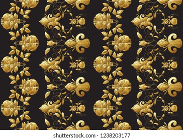 Seamless pattern with stylized ornamental flowers in retro, vintage style. Jacobin embroidery.  In gold and black
Vector illustration in gold colors. 