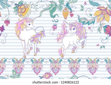 Seamless pattern with stylized ornamental flowers in retro, vintage style with unicorns. Jacobin embroidery. Colored vector illustration In pink, blue, ultraviolet on blue and white stripes background