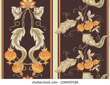 Seamless pattern with stylized ornamental flowers in retro, vintage style. Jacobin embroidery. Colored vector illustration In soft orange and green colorson brown background