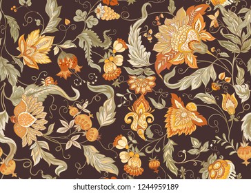 Seamless pattern with stylized ornamental flowers in retro, vintage style. Jacobin embroidery. Colored vector illustration In soft orange and green colorson brown background