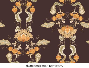 Seamless pattern with stylized ornamental flowers in retro, vintage style. Jacobin embroidery. Colored vector illustration In soft orange and green colorson brown background