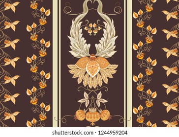 Seamless pattern with stylized ornamental flowers in retro, vintage style. Jacobin embroidery. Colored vector illustration In soft orange and green colorson brown background