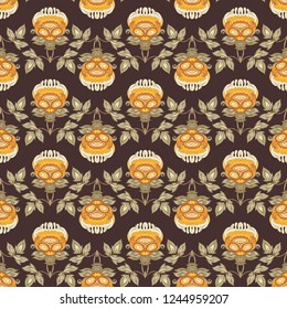 Seamless pattern with stylized ornamental flowers in retro, vintage style. Jacobin embroidery. Colored vector illustration In soft orange and green colorson brown background
