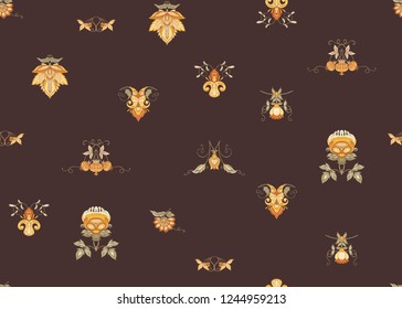 Seamless pattern with stylized ornamental flowers in retro, vintage style. Jacobin embroidery. Colored vector illustration In soft orange and green colorson brown background