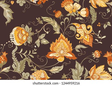 Seamless pattern with stylized ornamental flowers in retro, vintage style. Jacobin embroidery. Colored vector illustration In soft orange and green colorson brown background