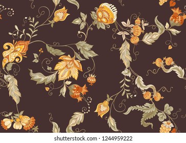 Seamless pattern with stylized ornamental flowers in retro, vintage style. Jacobin embroidery. Colored vector illustration In soft orange and green colorson brown background