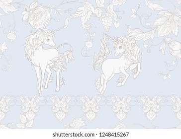 Seamless pattern with stylized ornamental flowers in retro, vintage style with unicorns. Jacobin embroidery. In vintage blue and beige colors.