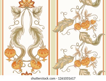 Seamless pattern with stylized ornamental flowers in retro, vintage style. Jacobin embroidery. Colored vector illustration In soft orange and green colors