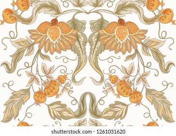 Seamless pattern with stylized ornamental flowers in retro, vintage style. Jacobin embroidery. Colored vector illustration In soft orange and green colors