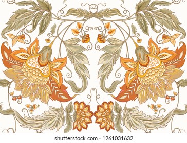 Nahtloses Muster mit stilisierten Zierblumen im Retro, Vintage-Stil. Jakobinstickerei. Farbige Vektorgrafik In sanften orangen und grünen Farben