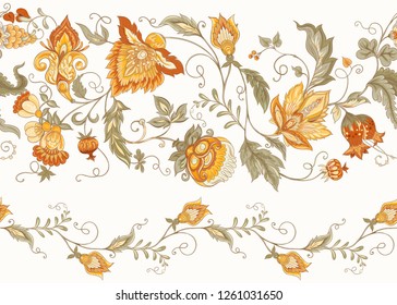 Patrón inoxidable con flores ornamentales estilizadas en estilo retro, vintage. Borde jacobino. Ilustración vectorial de color en tonos verde y naranja suave